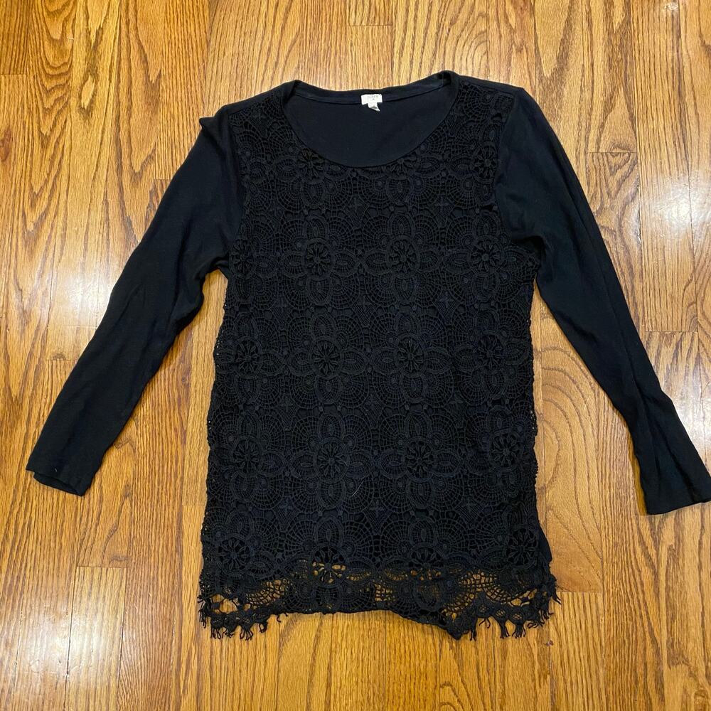 J. Crew Crocheted Lace 3/4 Sleeve Blouse Top Black Medium